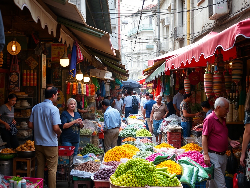 busy local market with vibrant colors, street vendors, authentic city life