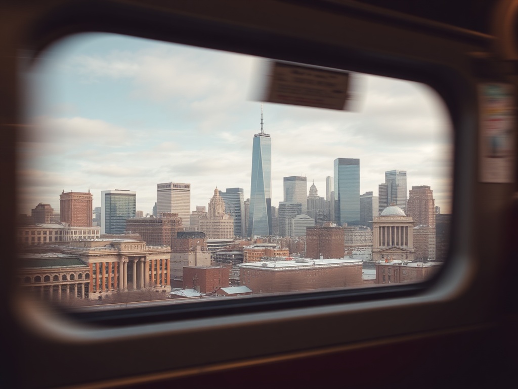 city skyline from public transit window, motion blur, urban commute perspective