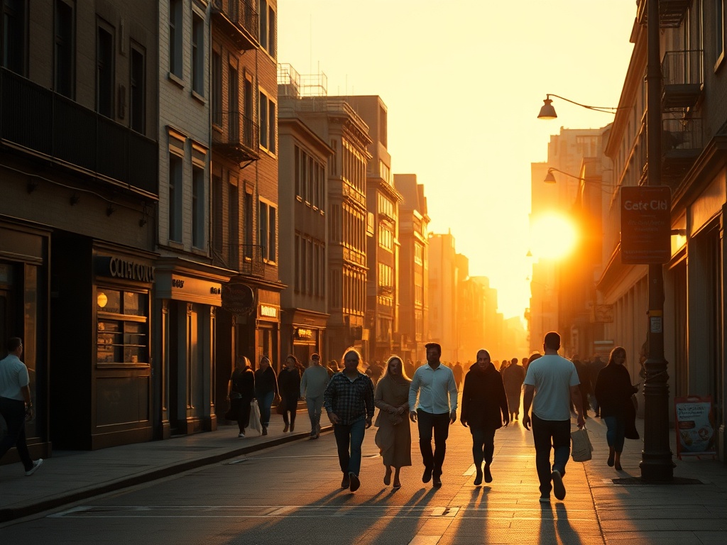 golden hour city street with locals walking, warm tones, cinematic urban life