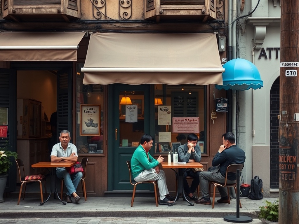 quiet neighborhood street cafe with locals sitting outside, candid moment, urban authenticity