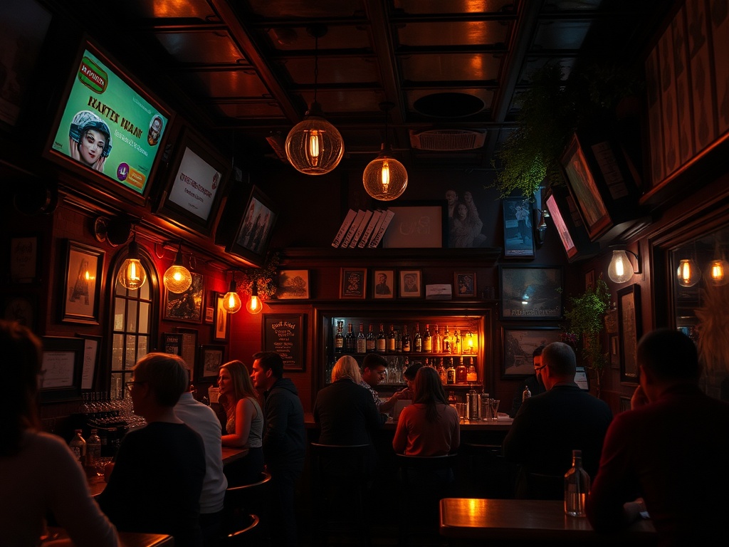 small local bar interior with warm lighting, people talking, intimate city nightlife
