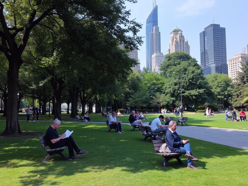 urban park with people relaxing, reading, casual city life atmosphere