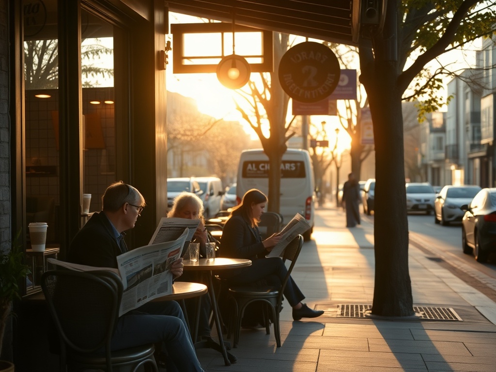 a quiet neighborhood coffee shop at sunrise with locals reading newspapers, warm light, urban street calm atmosphere
