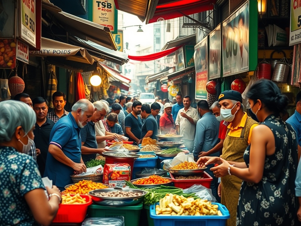 busy street food market with locals interacting, vibrant colors, authentic city culture moment