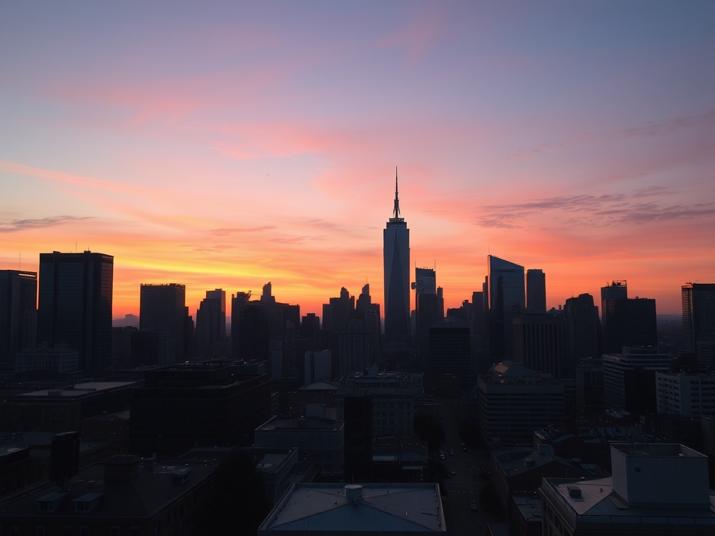 city skyline at sunrise transitioning to daytime activity, representing rhythm and routine in urban life