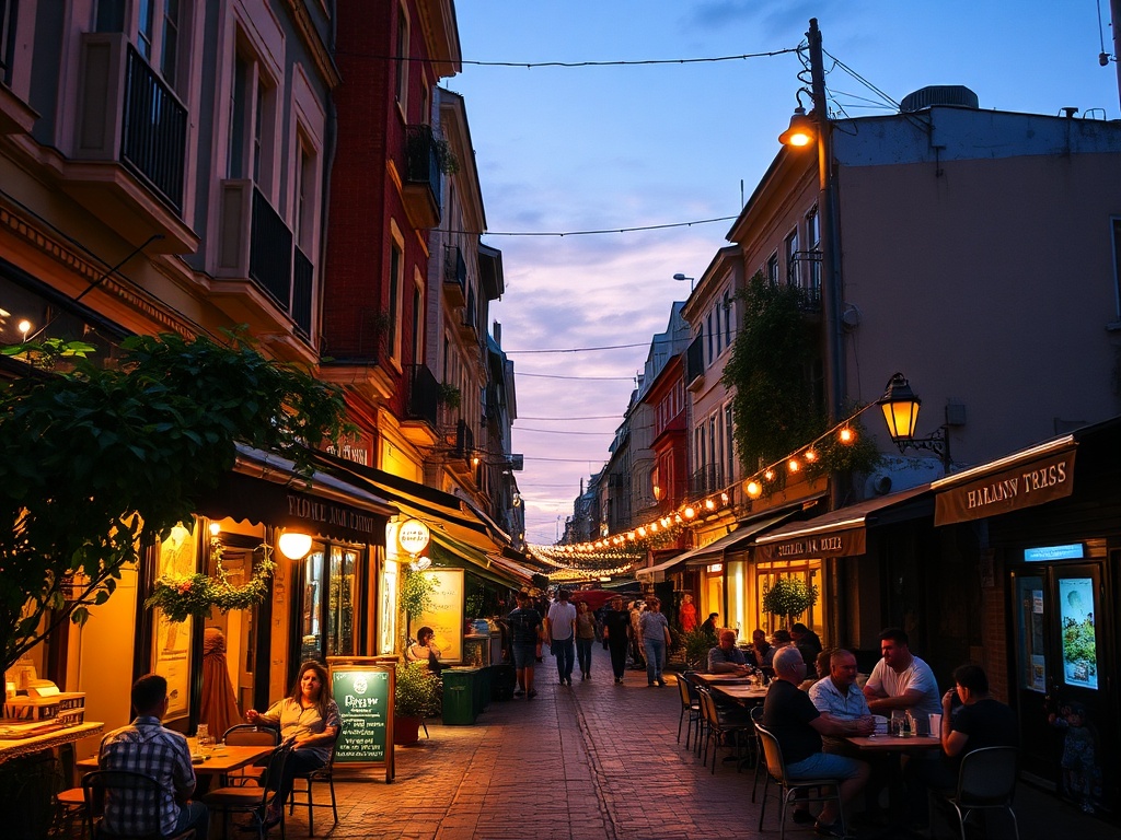 evening city street glowing with lights, locals dining outdoors, relaxed authentic atmosphere