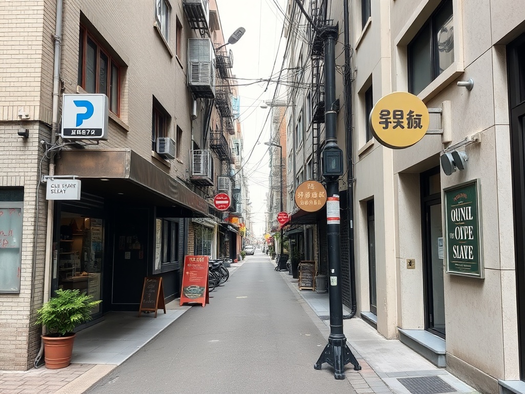 quiet side street in a city with subtle details, local signage, everyday urban charm