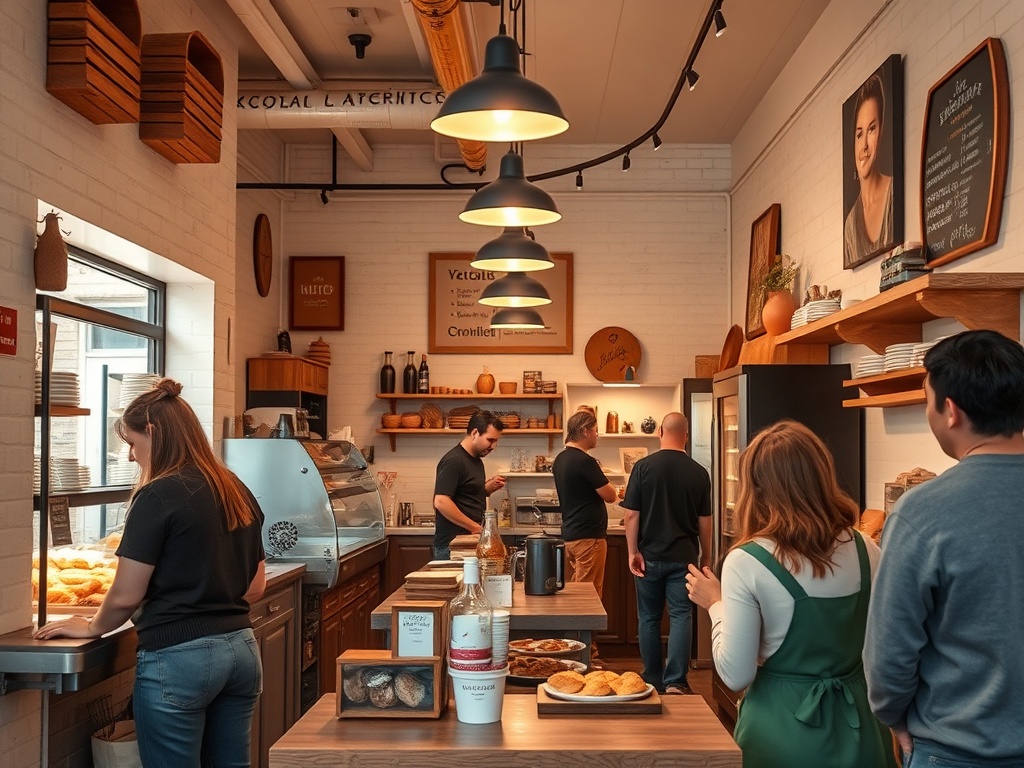 small local bakery interior with warm lighting, regular customers chatting, authentic neighborhood vibe