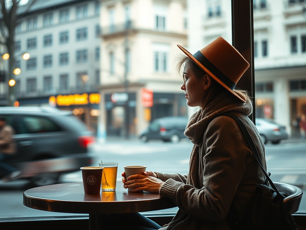 traveler sitting at a cafe window watching city life pass by, reflective calm moment, urban storytelling feel
