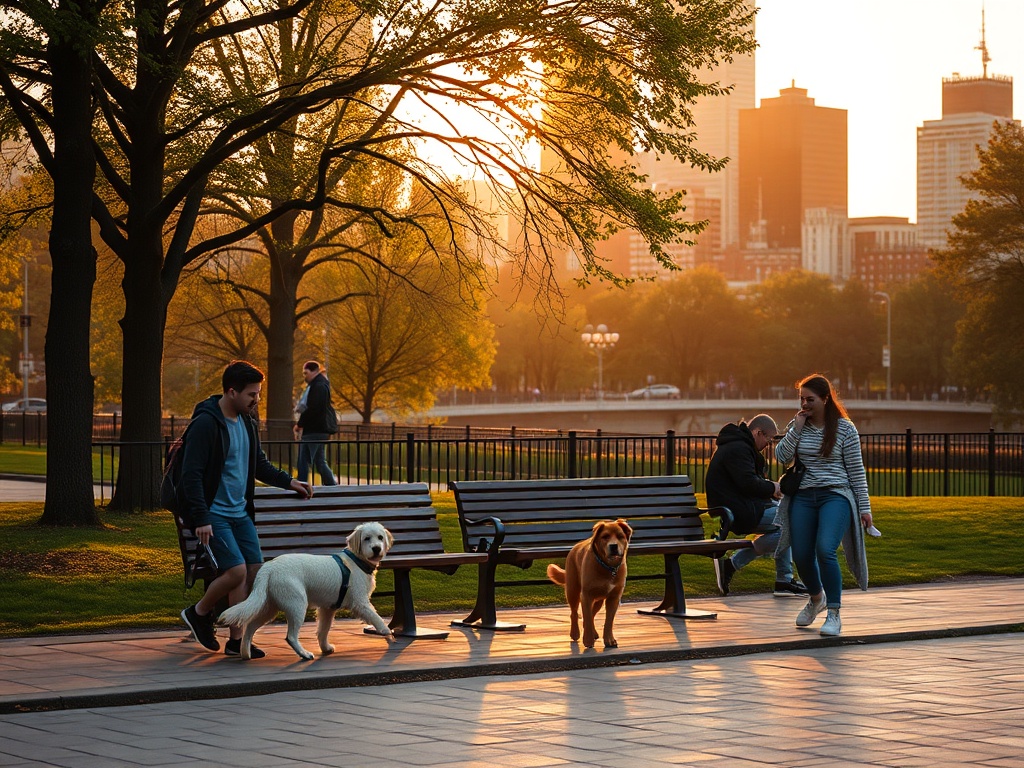 urban park bench with locals walking dogs, golden hour city skyline, relaxed everyday life scene