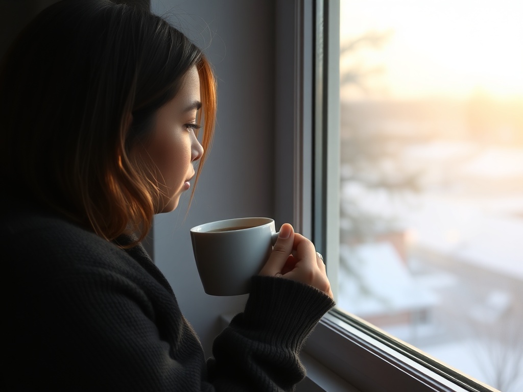 A calm, serene morning with a person enjoying a cup of coffee by a window
