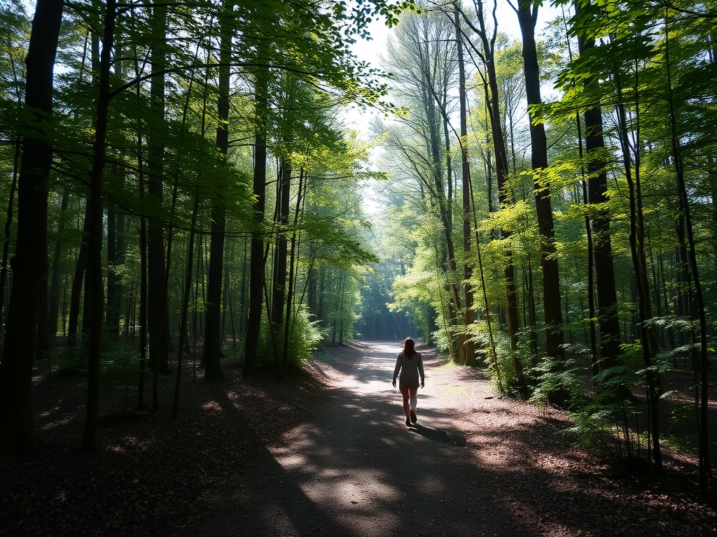 A forest path with sunlight filtering through trees, a person walking peacefully
