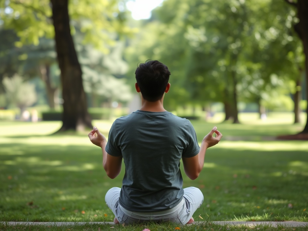 A person meditating in a quiet park, surrounded by nature