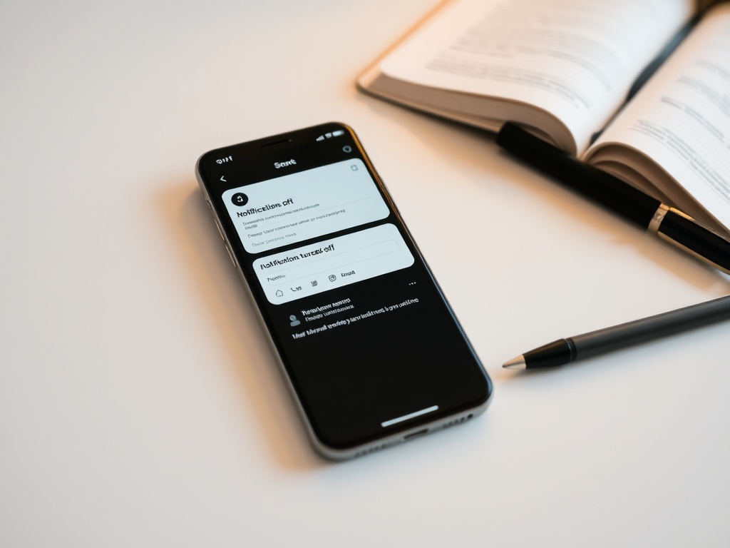 A phone with notifications turned off, a calm workspace with a laptop and a journal