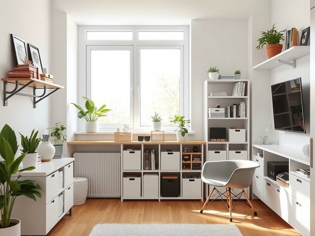 An organized home with minimalistic decor, clean surfaces, and natural light