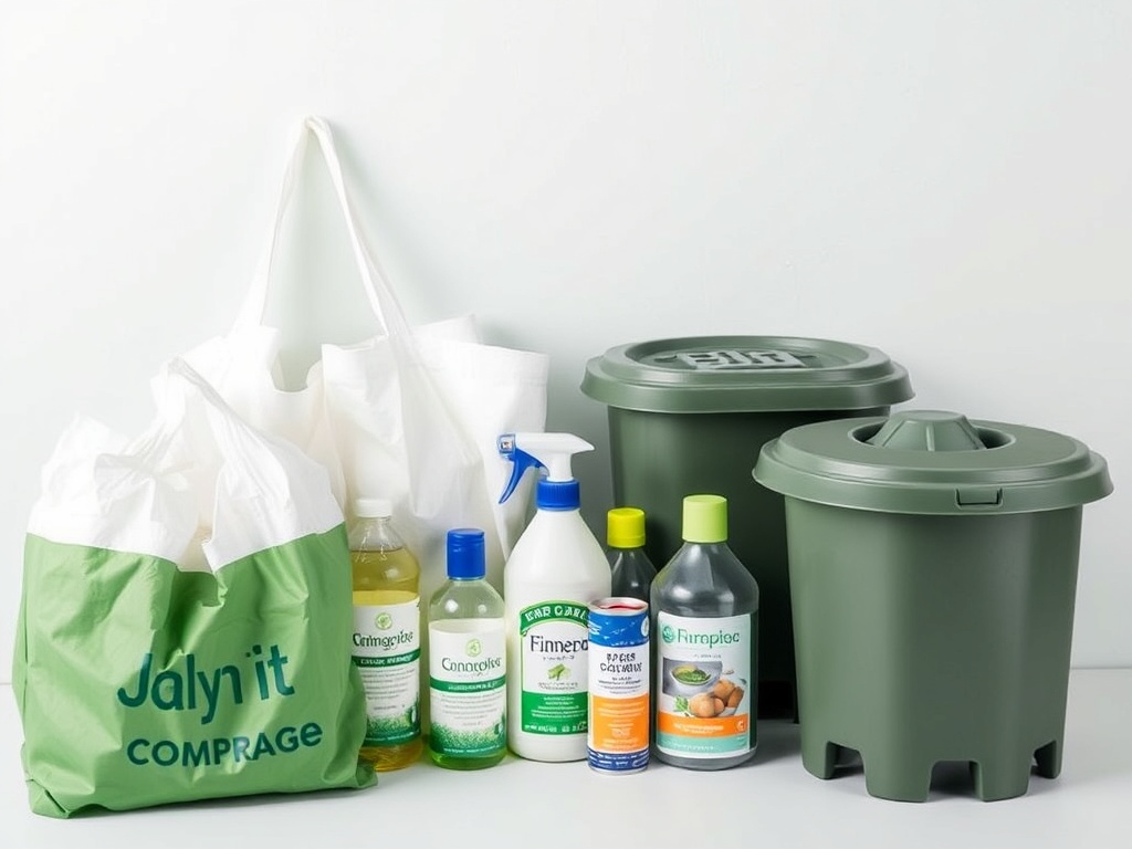 Reusable shopping bags, eco-friendly cleaning products, and composting bins