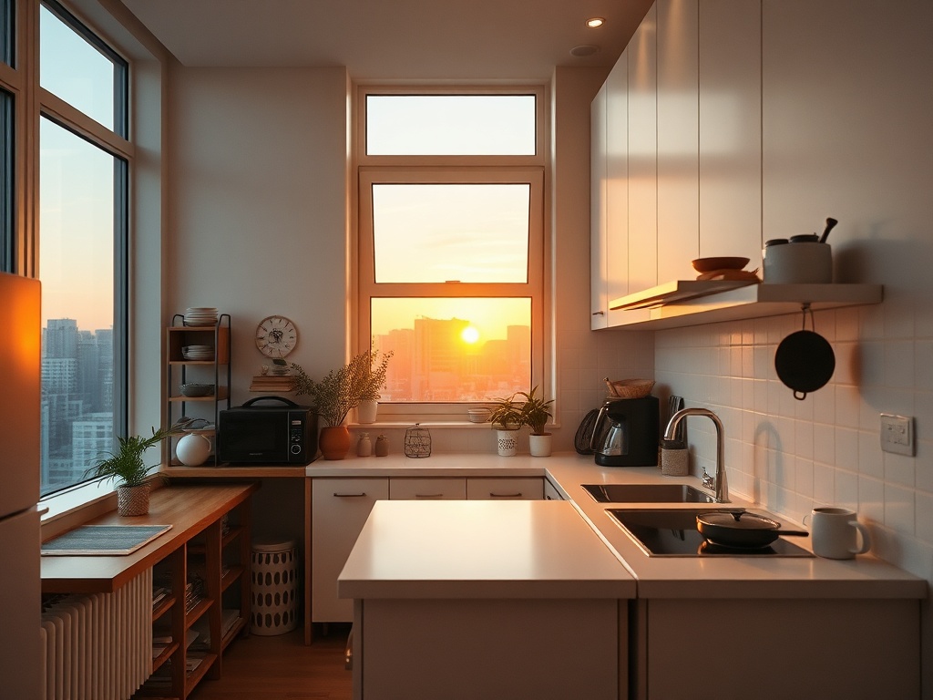 a cozy urban apartment kitchen at sunrise, clean countertops, soft light, minimal clutter, calm atmosphere