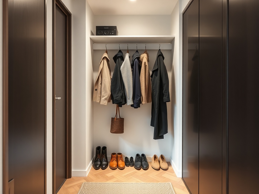 entryway of small apartment with neatly hung coats and shoes organized, modern urban design