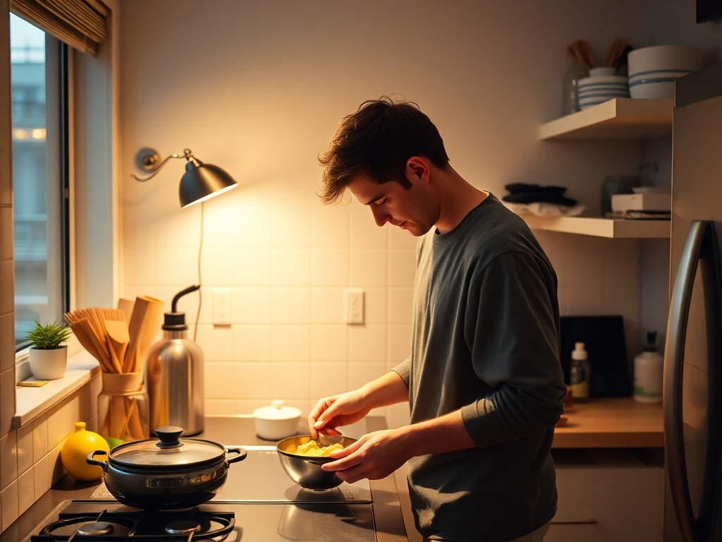 person calmly organizing a small kitchen after cooking, warm lighting, city apartment vibe