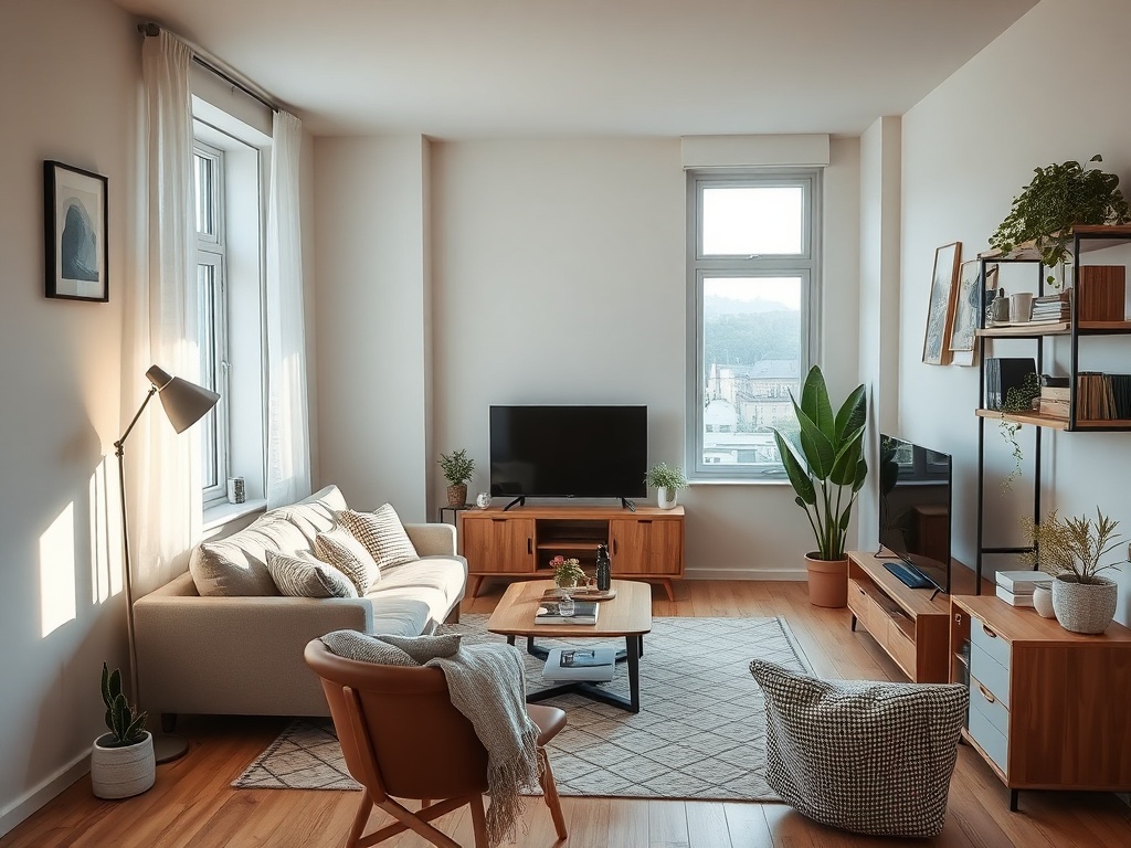 realistic lived-in apartment that is tidy but not perfect, slightly casual and comfortable