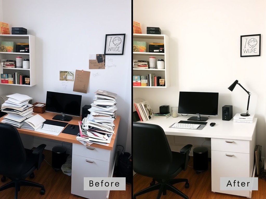 small city apartment desk before and after reset, one side messy with papers, the other clean and minimal