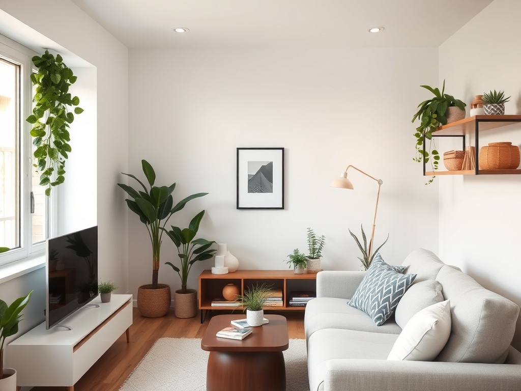 tiny apartment living room clean and minimalist with plants, soft lighting, organized shelves