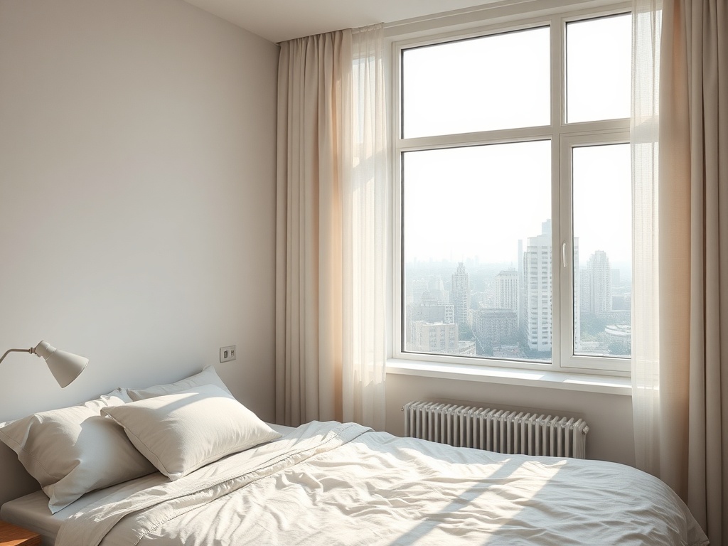 urban bedroom minimal and calm, bed neatly made, morning light through window, peaceful city view