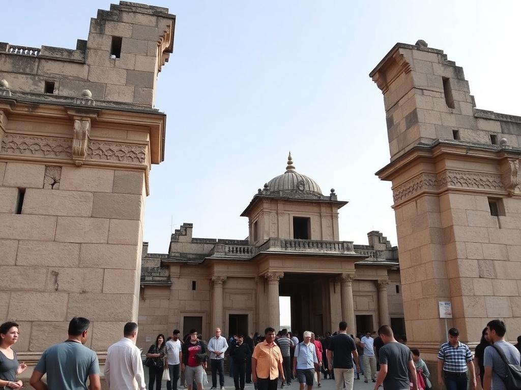 a historic monument, with tourists gathered, old stone structure with intricate carvings