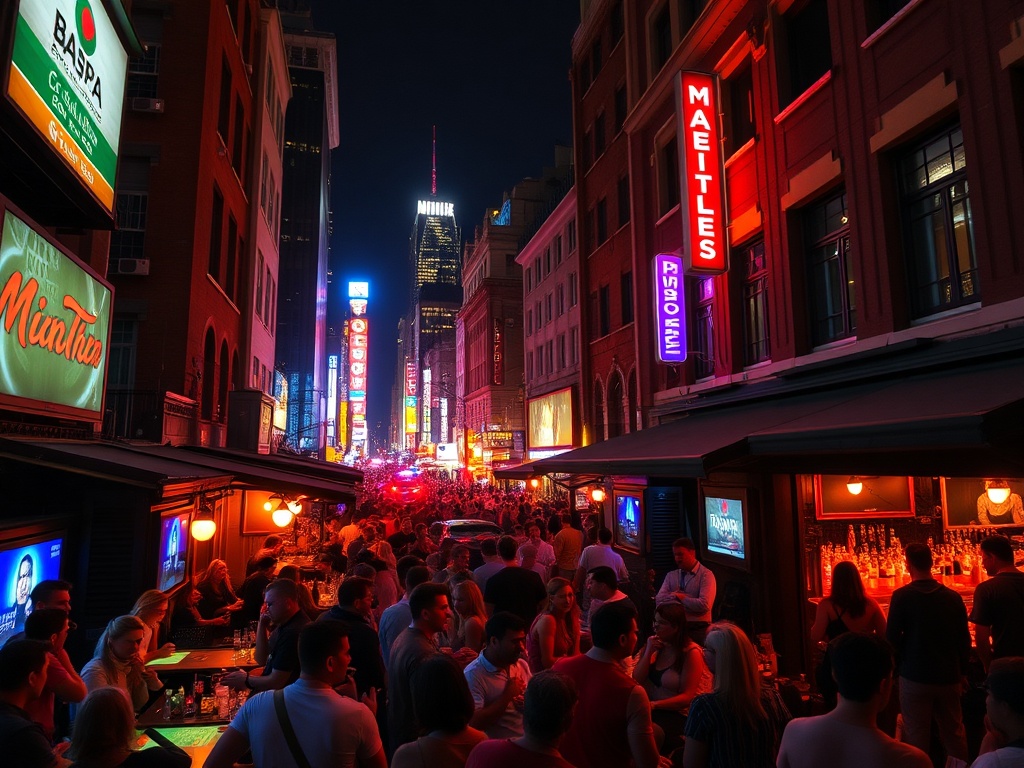 city nightlife, bright lights, people gathered in bars and clubs, live music performances