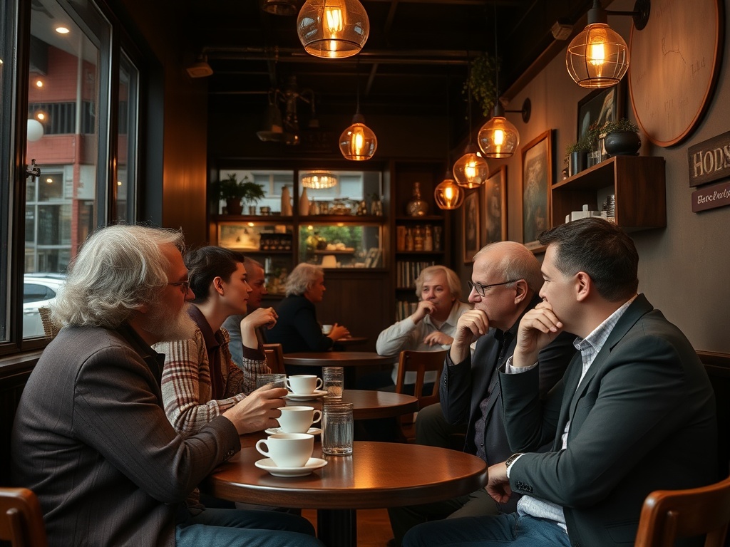 intimate café setting, cozy, locals enjoying coffee, conversation happening
