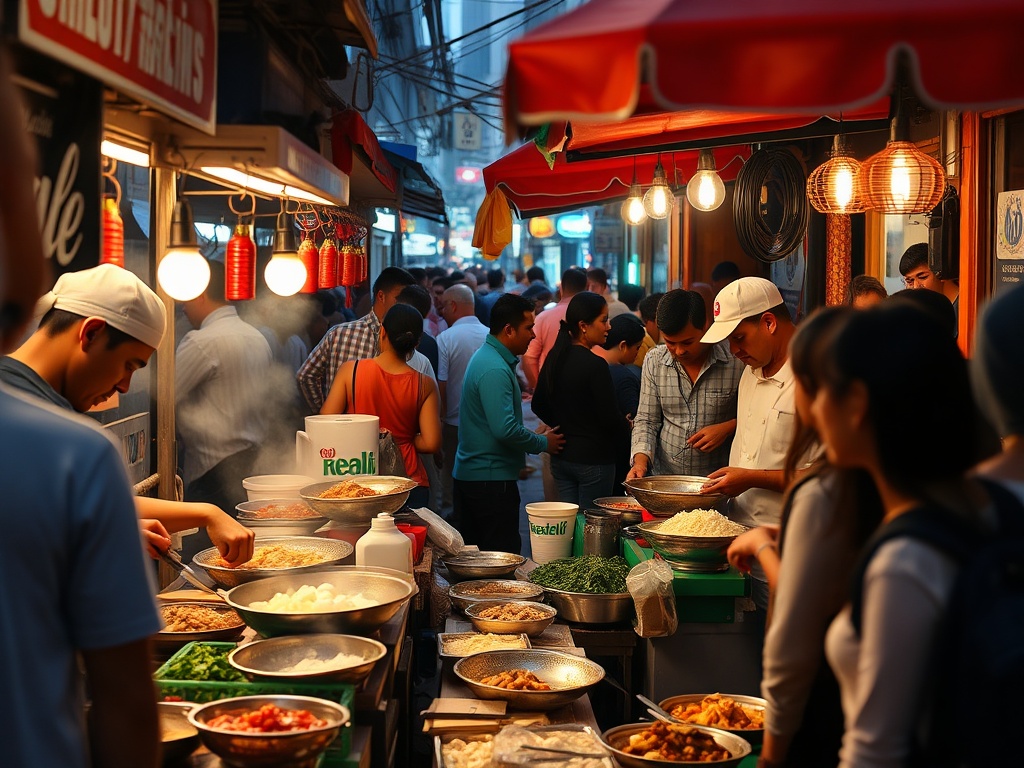 local street food stalls, vibrant colors, crowds gathered, chefs preparing dishes