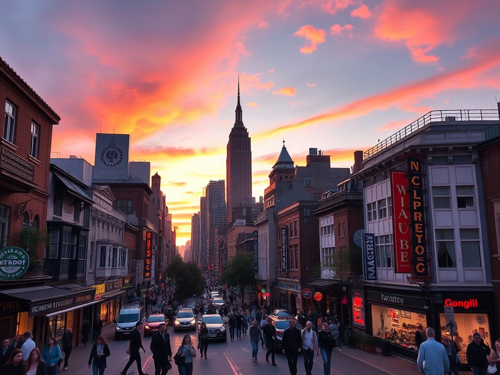 vivid cityscape at sunset, streets full of life, towering buildings, people walking and talking