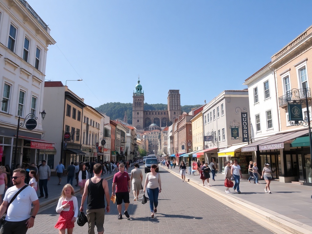 A bustling city with wide streets and friendly locals