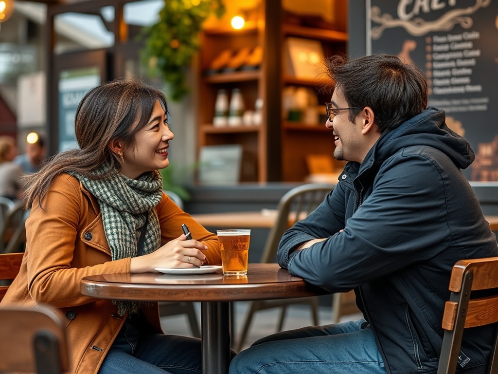 A solo traveler chatting with a local at a café
