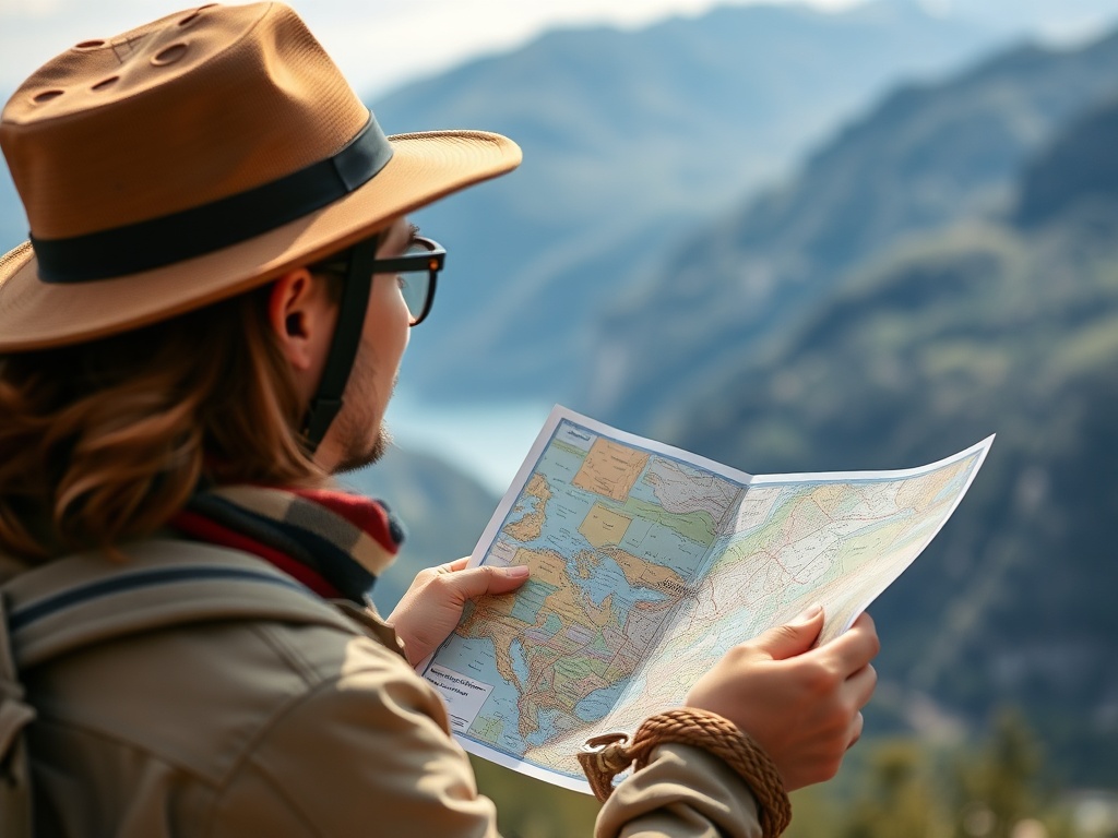 A traveler looking at a map, ready for the day