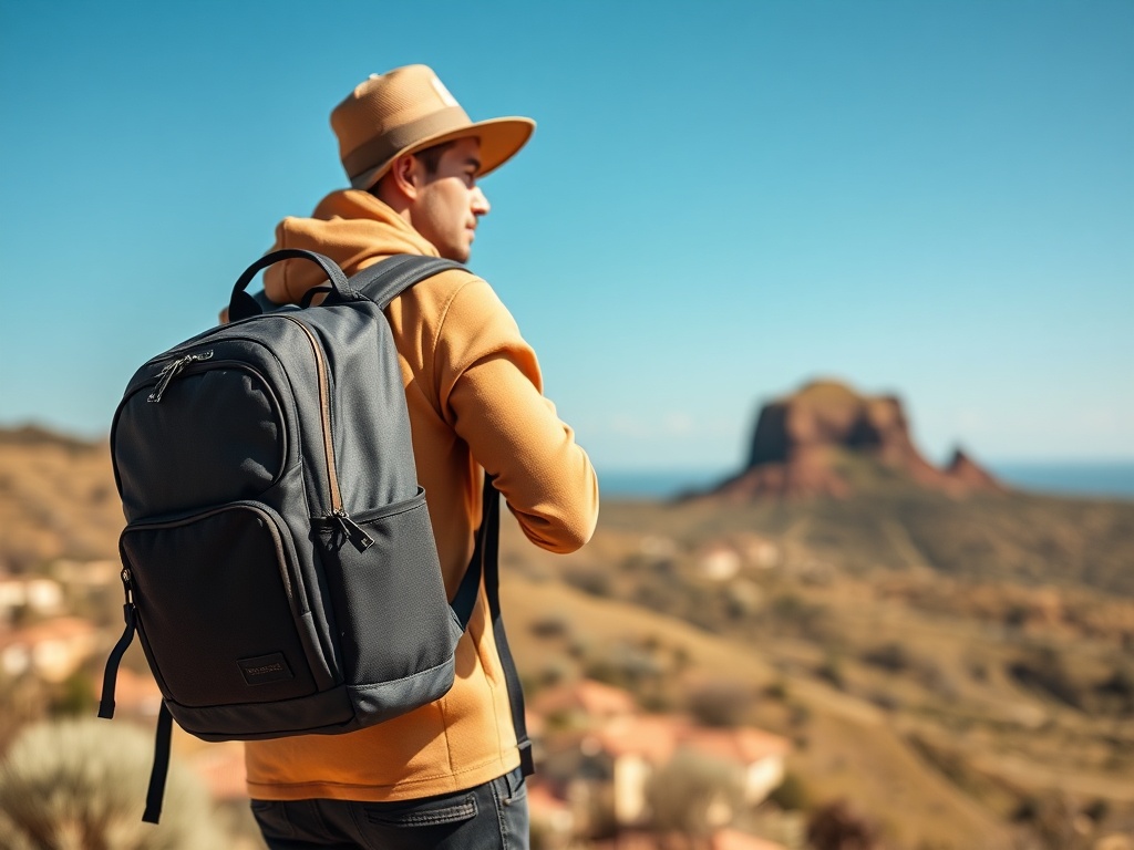 A traveler packing a small, compact backpack