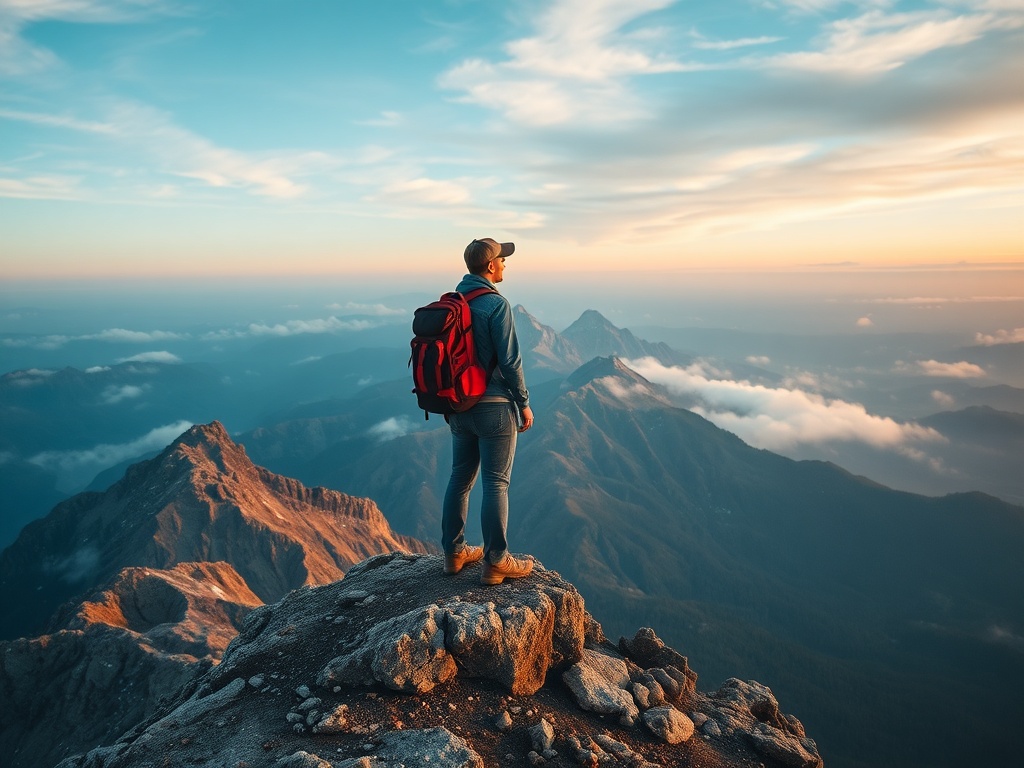 A traveler reflecting at the top of a mountain, alone in nature