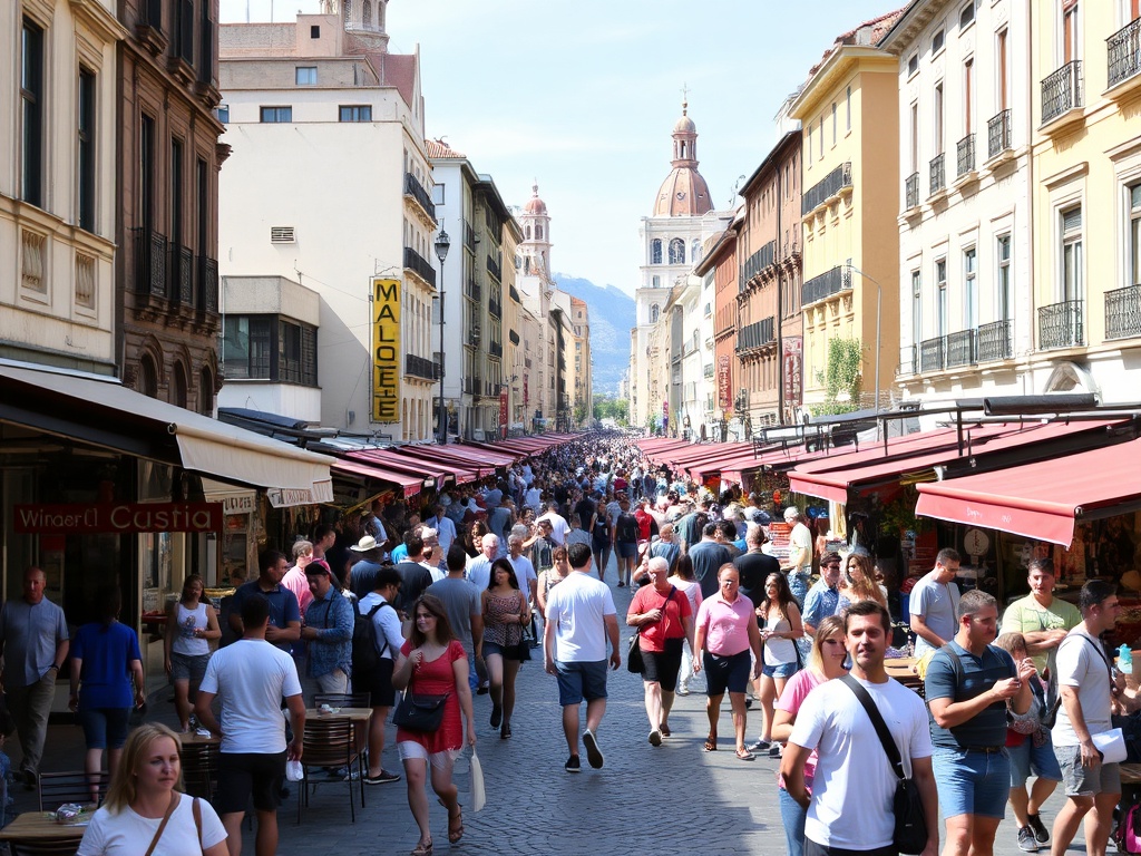 a bustling cityscape with tourists and locals mingling in vibrant streets, cafes, and markets