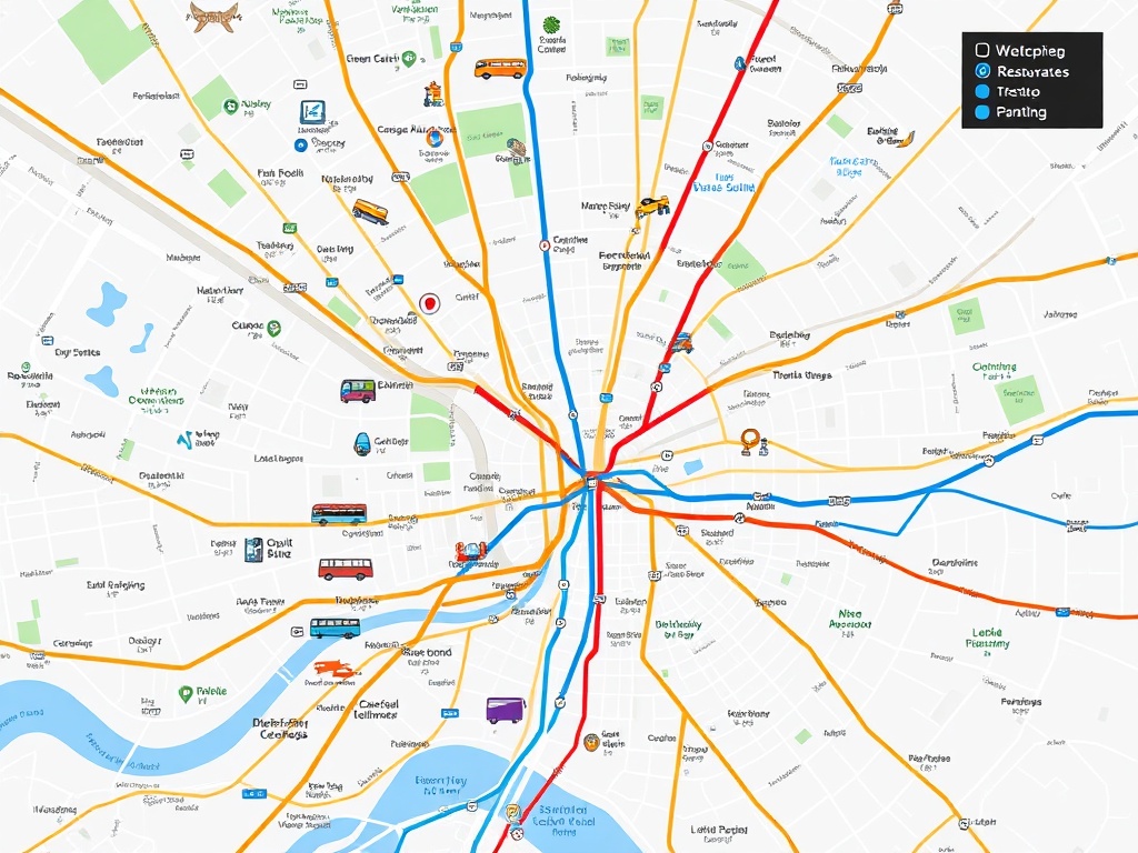 a city map with transportation routes and icons, highlighting buses and metro systems