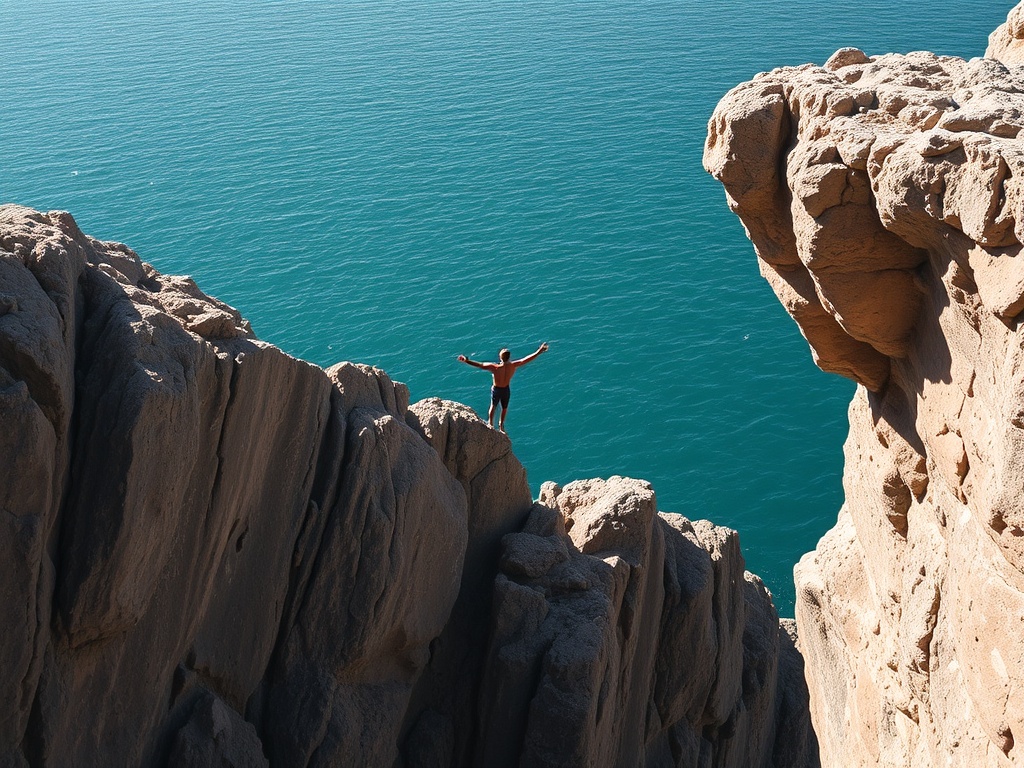 A cliff diver calmly preparing to jump