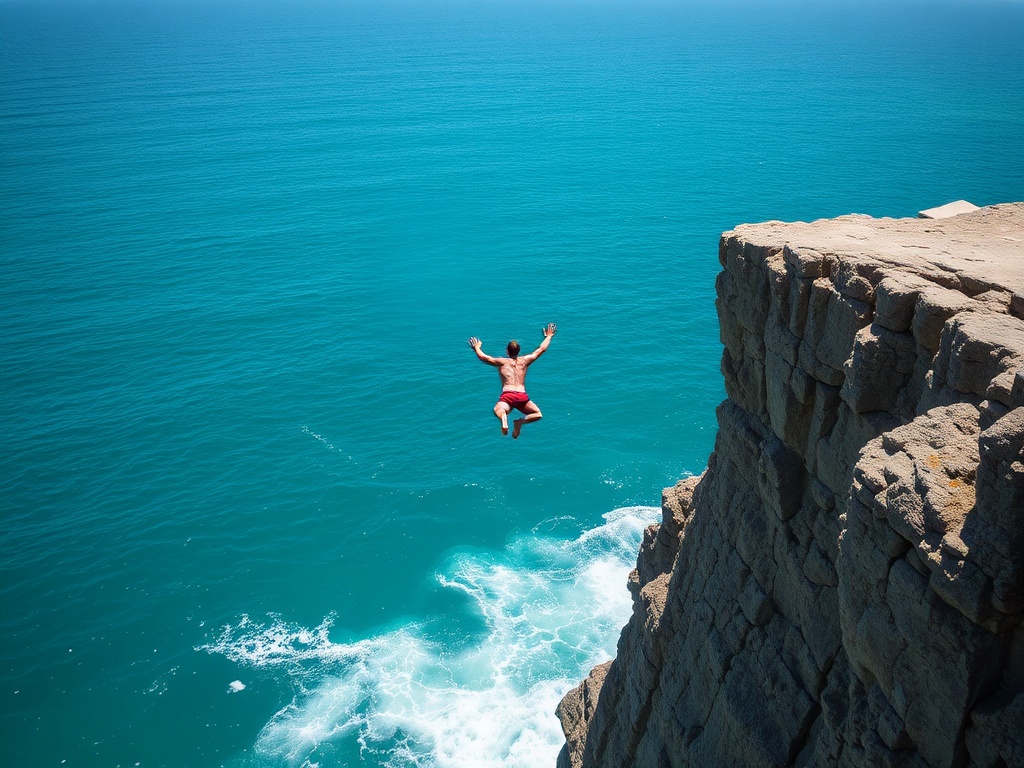 A cliff diving athlete taking a leap off a high cliff with the ocean below