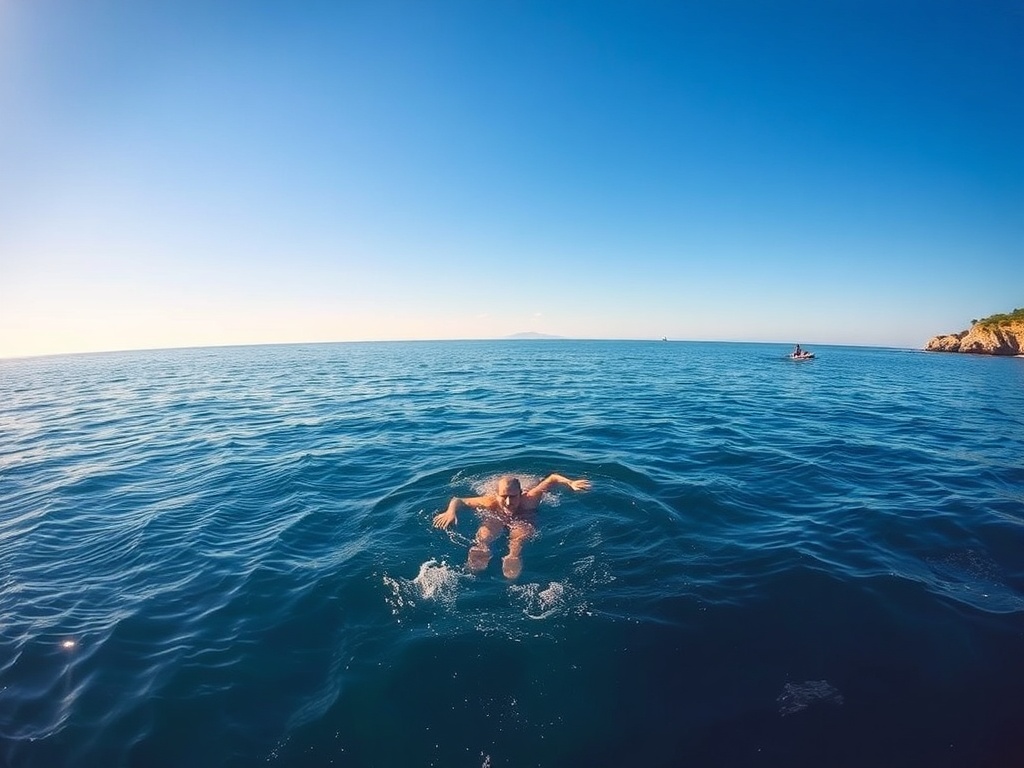 A person swimming in open water, preparing for cliff diving