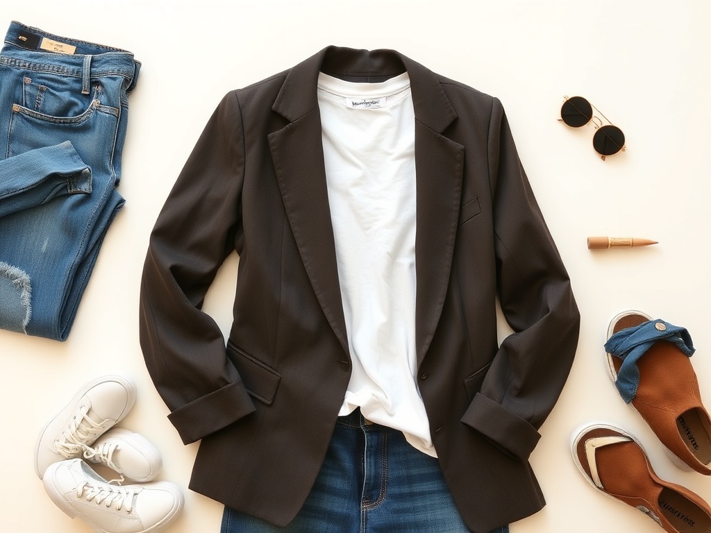 flat lay essential wardrobe pieces jeans blazer white tee neutral fashion aesthetic