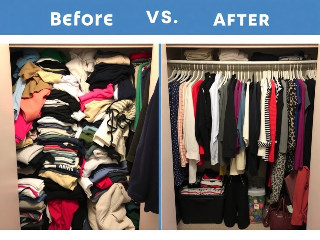 messy closet before declutter clothes piled chaotic vs organized wardrobe transformation