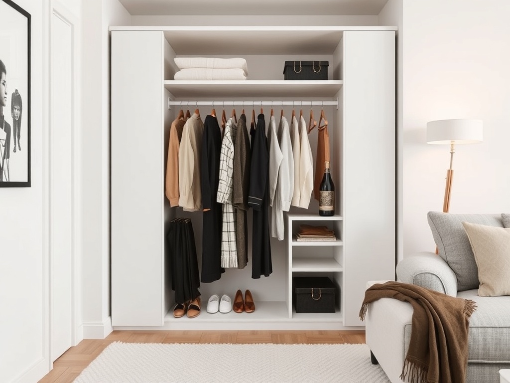 minimalist capsule wardrobe neatly arranged neutral tones modern apartment clean aesthetic