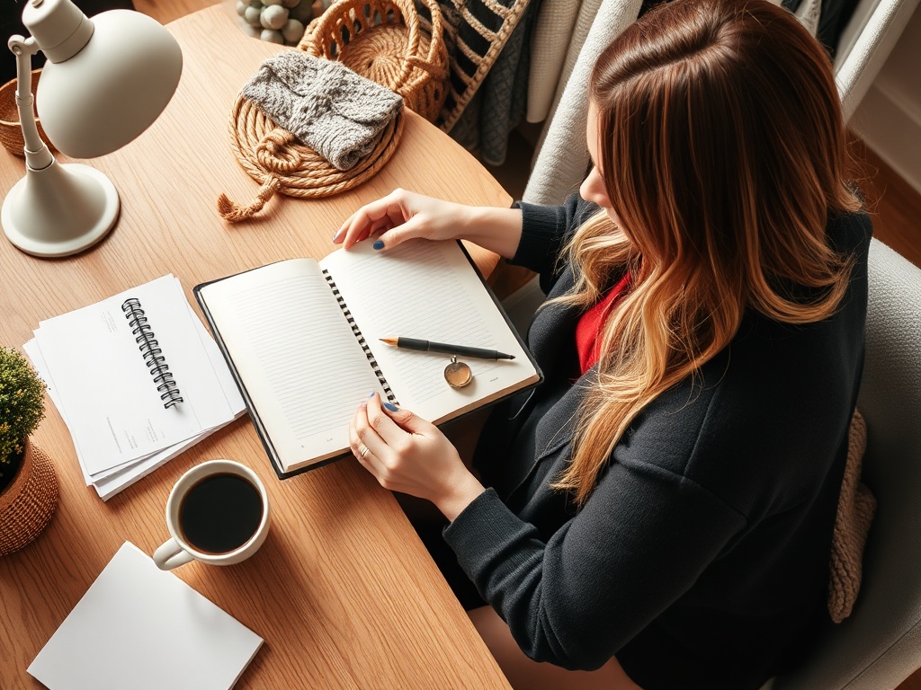 woman planning outfits with notebook lifestyle wardrobe planning aesthetic desk coffee fashion