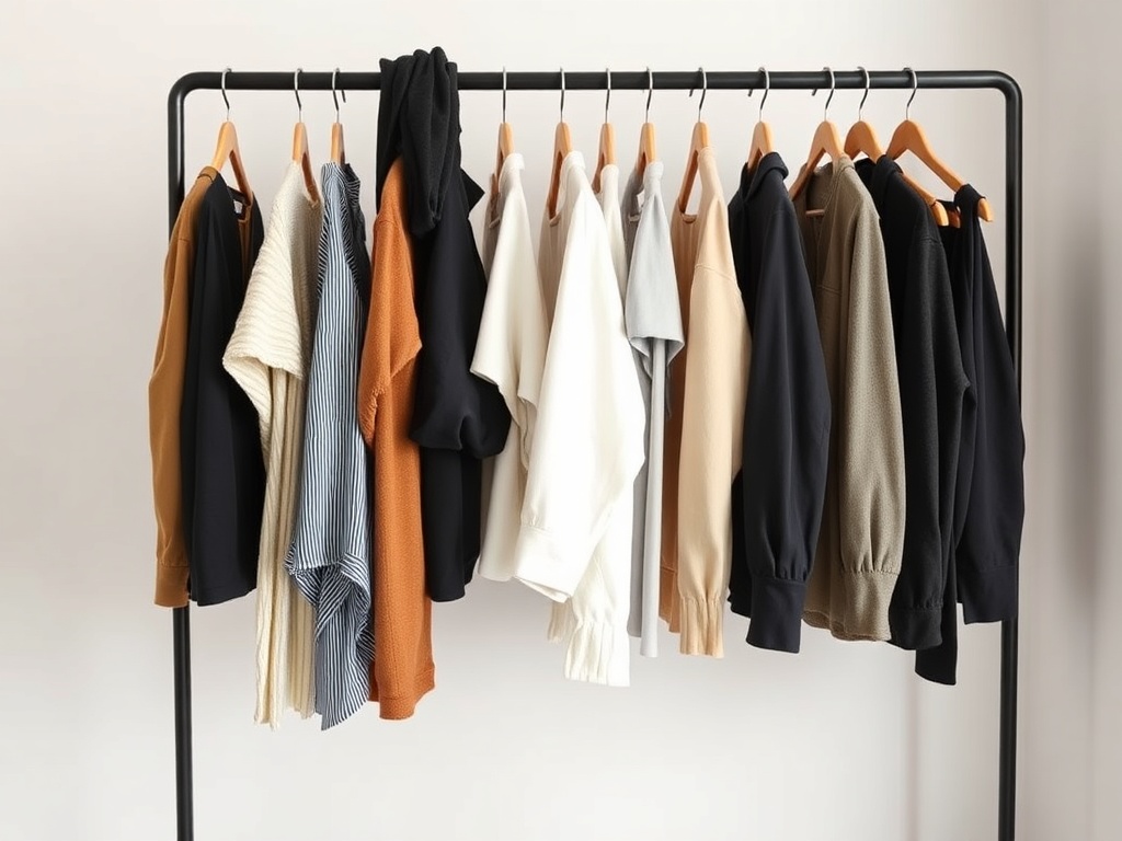 a clean, curated capsule wardrobe on a rack with neutral tones, soft lighting, minimalist fashion aesthetic
