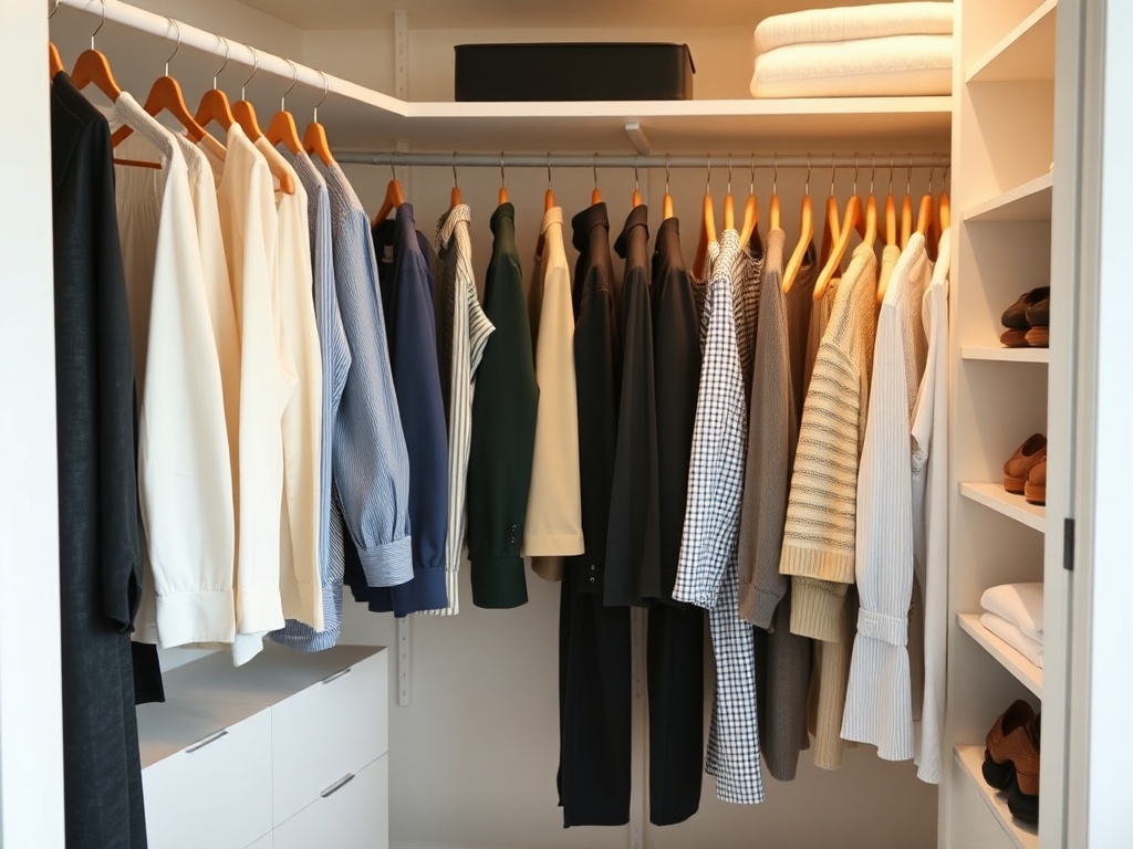 clean organized closet with neatly spaced clothing, calming and minimalist environment