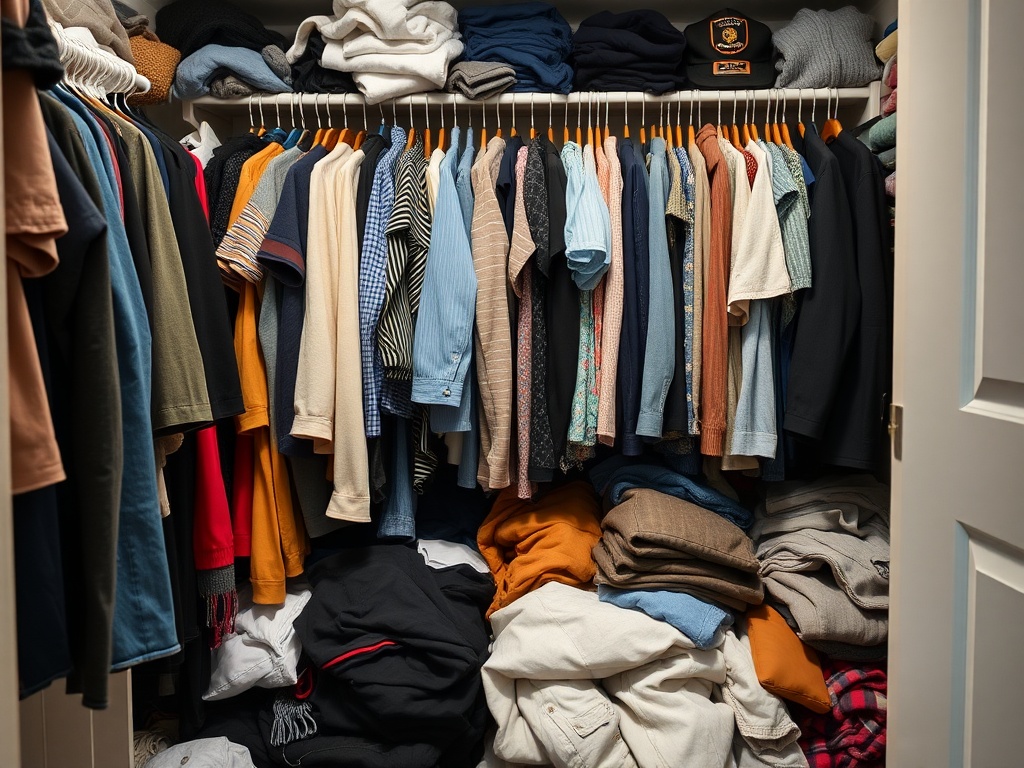messy closet being sorted into keep, donate, and maybe piles, clothing organization process