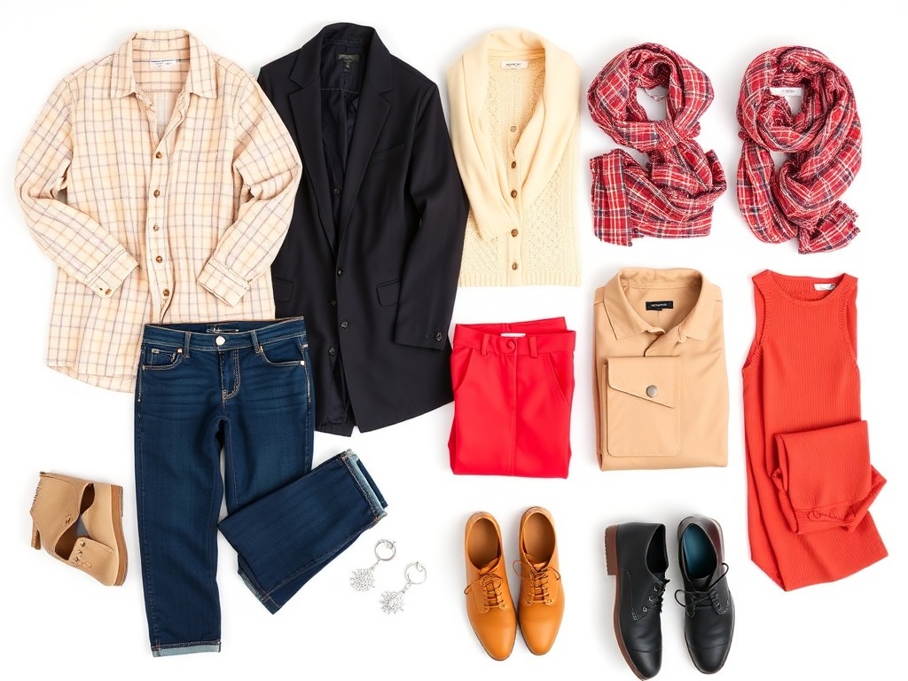 outfit flat lay showing mix and match combinations from a small capsule wardrobe, cohesive color palette